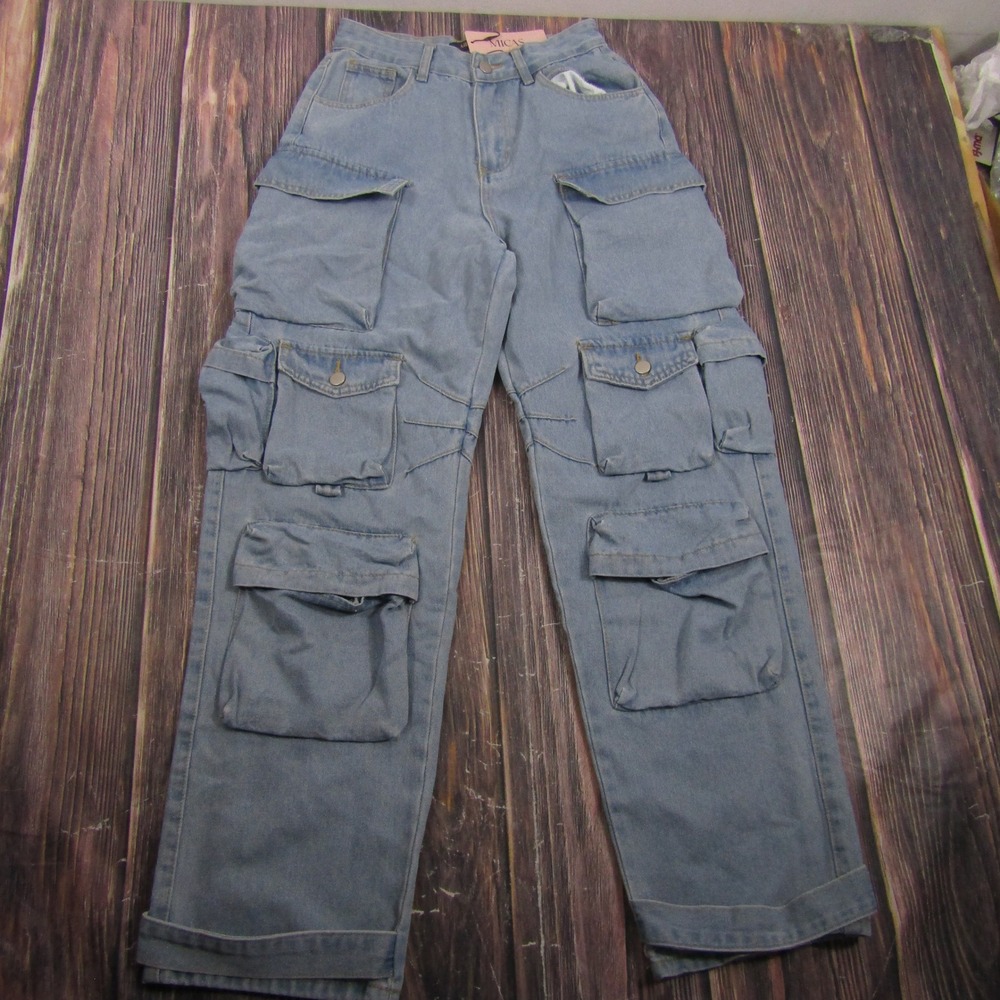 Micas Cargo Jeans Women XS Blue Mid Wash Multi Pocket Utility Denim